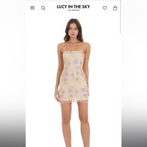 Lucy in the Sky mini dress with purple flowers and gold accents